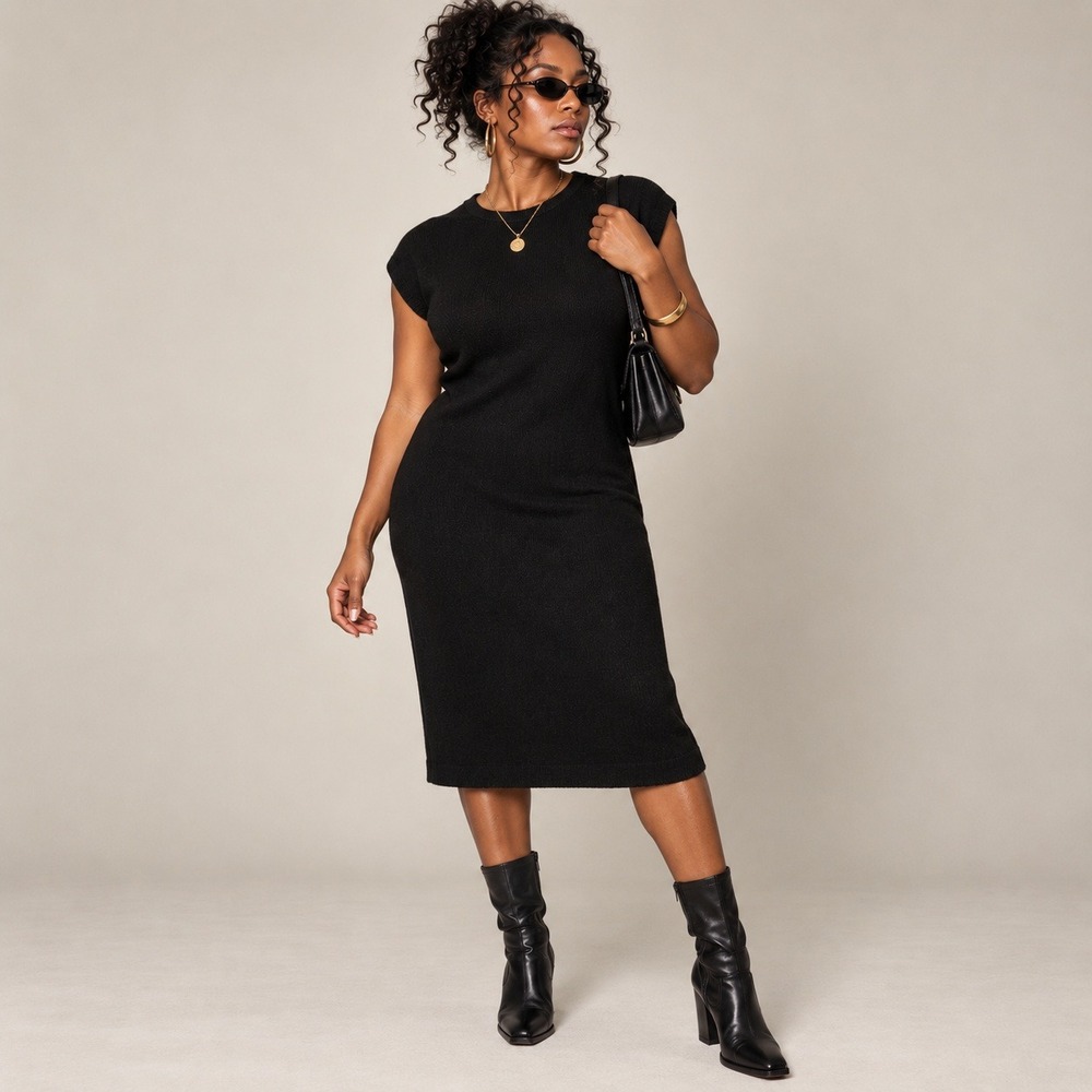 Vintage 80s Ami Black Knit Cap Sleeve Sweater Midi Dress 8 Mod LBD Retro